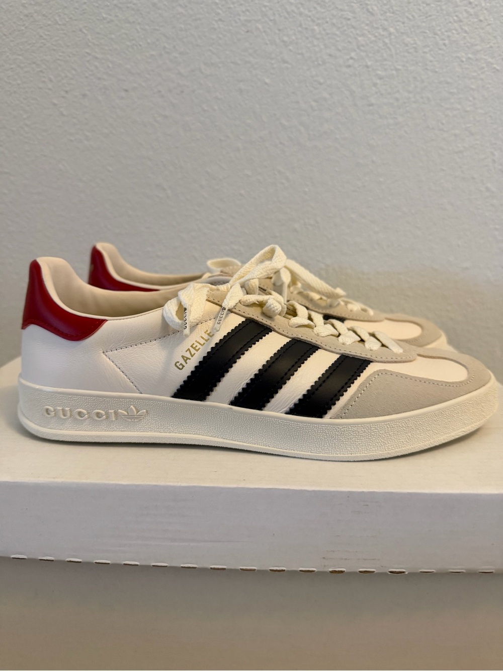 Gucci x Adidas Gazelle White Leather Sneaker with Black Stripes and Red Heel
